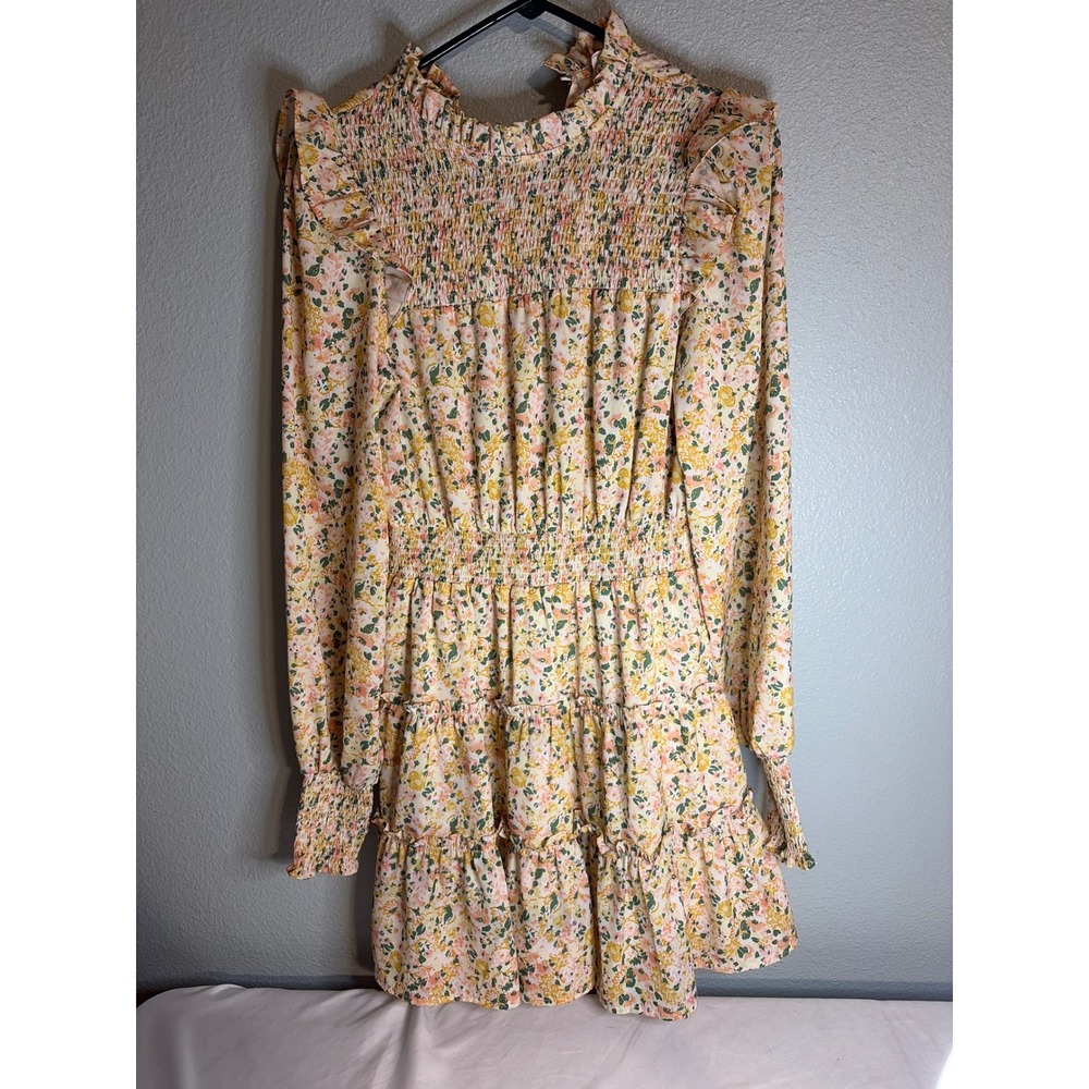 Shop The Mint Floral Smocked Mini Dress Yellow Pink Ruffle Tiered Long Sleeve S